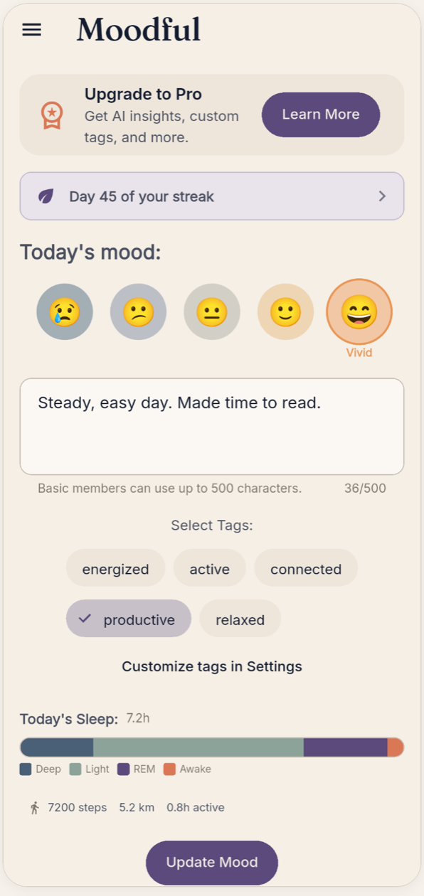 Moodful daily check-in with a mood picker, notes, and tags.
